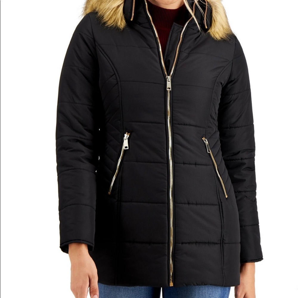 Juniors' Faux-Fur-Trim Hooded Puffer Coat